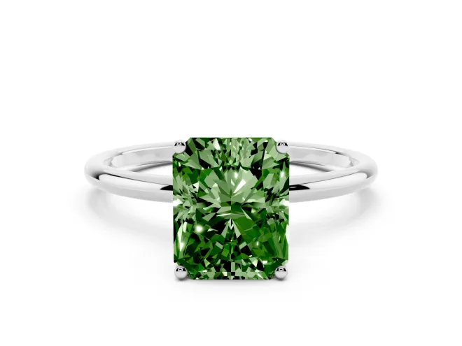 Fancy Green Radiant Cut Diamond Solitaire Engagement Ring Set in Platinum with Thin Band and Prong Setting