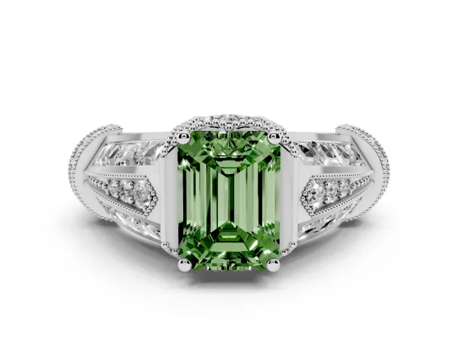 Fancy Green Emerald Cut Diamond Vintage-Inspired Milgrain Ring Set in Platinum with Accent Split Shank