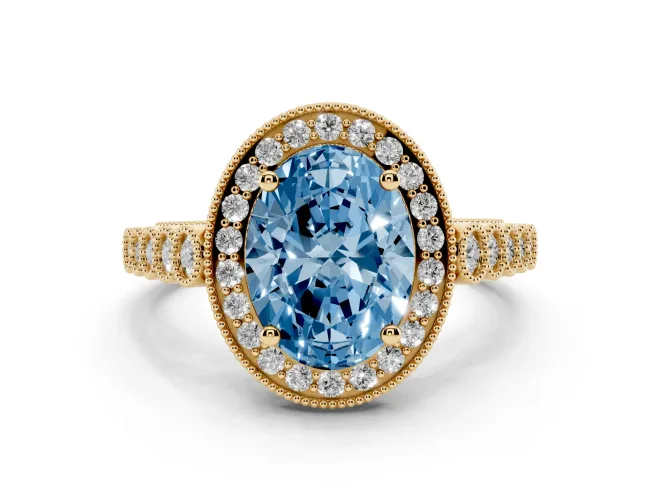 Oval Milgrain Halo Engagement Ring Setting for a Fancy Blue Lab-Grown Diamond | Graduated Bezel Accents | Yellow Gold