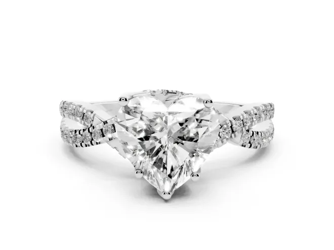Heart Cut Diamond Twist Pavé Solitaire Engagement Ring Set in White gold with Prong Setting