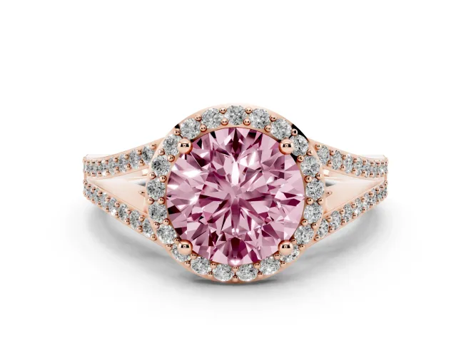 Round Halo Engagement Ring Setting for a Fancy Pink Lab-Grown Diamond | Pavé Split Shank | Rose Gold