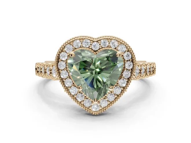 Heart-Shaped Graduated Milgrain Halo Engagement Ring Setting for a Fancy Green Lab-Grown Diamond | Yellow Gold