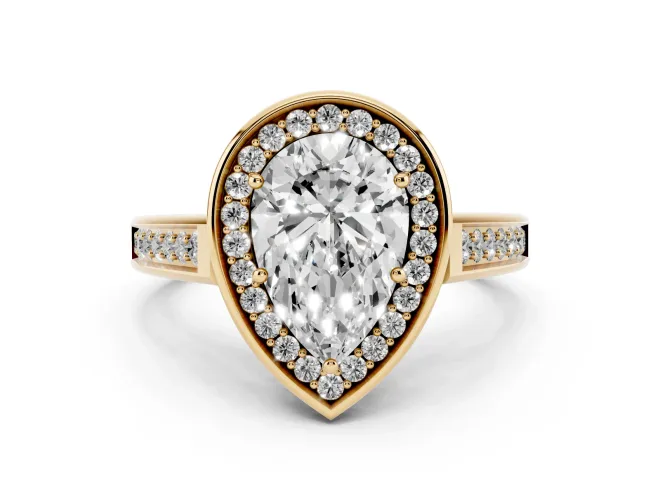 Pear Cut Diamond Halo Solitaire Ring Set in Yellow gold with Pavé Band and Bezel Setting
