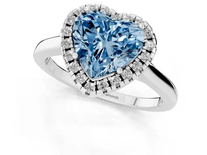 Fancy Blue Heart Cut Halo Round Diamond Solitaire Ring Set in White gold with Pavé Band and Prong Setting – second view