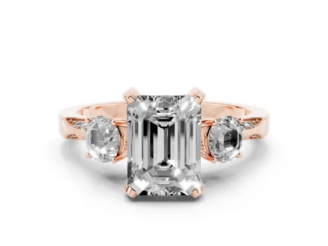Emerald Cut Hidden Halo Three Stone Engagement Ring Setting for a Black Center | Rose Gold