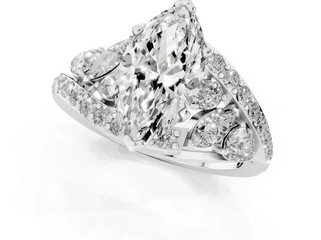 Marquise Cut Diamond Halo Ring Set in White gold with Marquise and Pavé Band in Prong Setting – second view