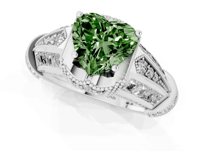 Fancy Green Heart Cut Diamond Vintage-Inspired Milgrain Ring Set in White gold with Accent Split Shank – second view