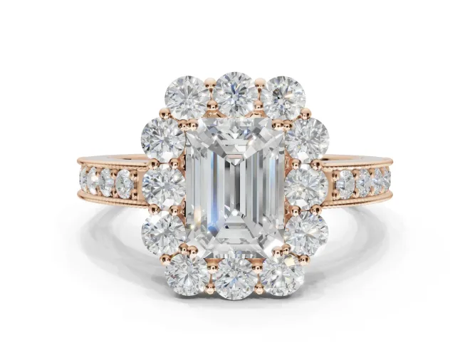 Emerald Cut Vintage Halo Engagement Ring Setting | Milgrain Channel Band | Rose Gold