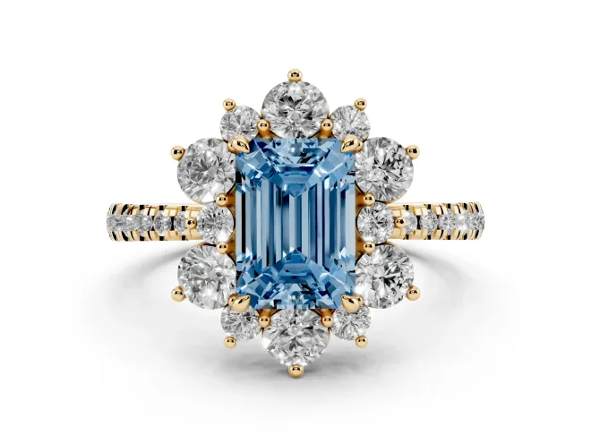Emerald Cut Star Floral Halo Engagement Ring Setting for a Fancy Blue Lab-Grown Diamond | Yellow Gold