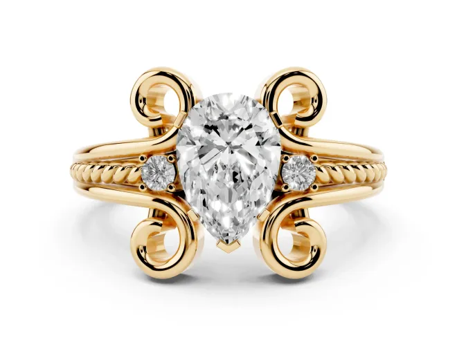 Pear Cut Diamond Twisted Band Solitaire Ring Set in Yellow gold with Scroll Prongs