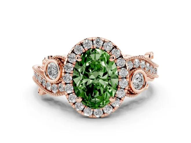 Oval Vintage Halo Engagement Ring Setting for a Fancy Green Lab-Grown Diamond | Bezel Shoulder Accents | Rose Gold