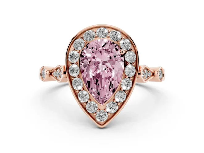 Pear-Shaped Halo Engagement Ring Setting for a Fancy Pink Lab-Grown Diamond | Bezel Station Shoulders | Rose Gold