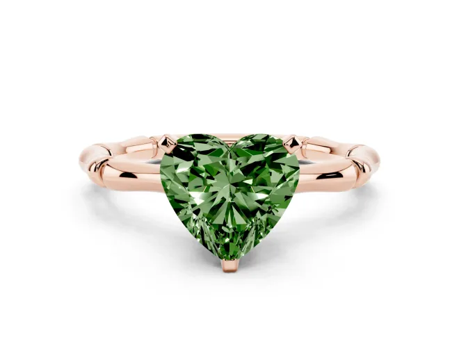 Fancy Green Heart Cut Diamond Solitaire Ring Set in Rose gold with Bamboo Band and Prong Setting