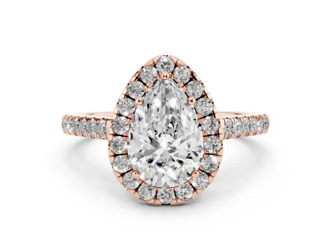 Pear Cut Diamond Halo Pavé Engagement Ring Set in Rose gold with Prong Setting