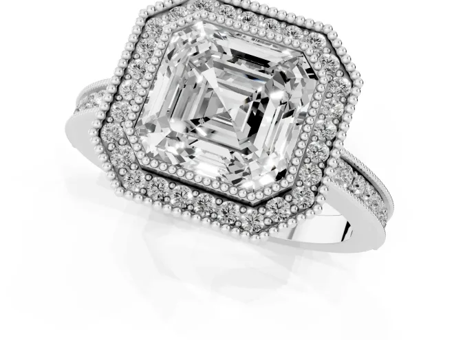 Asscher Cut Diamond Halo Ring Set in Silver with Pavé Band and Milgrain-Edged Prongs – second view