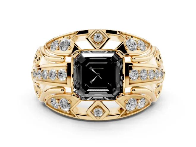 Asscher Cut Art Deco Graduated Engagement Ring Setting for a Black Center | Yellow Gold