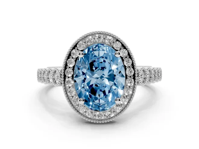 Fancy Blue Oval Cut Diamond Milgrain Halo Solitaire Ring Set in Platinum with Bezel Set Side Stones and Pavé Band