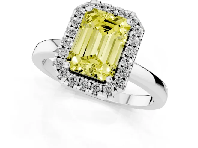 Fancy Yellow Emerald Cut Diamond Halo Solitaire Ring Set in Platinum with Pavé Band and Prong Setting – second view