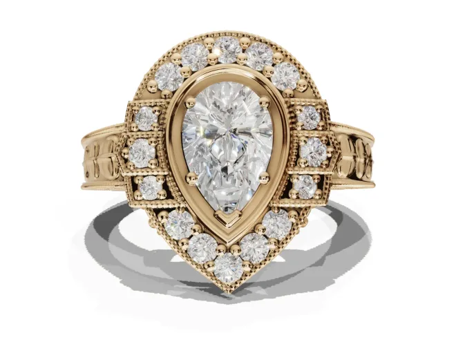 Pear-Shaped Vintage Halo Engagement Ring Setting | Art Deco Side Panels | Yellow Gold