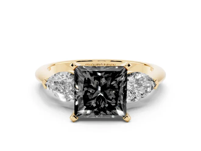 Princess Cut Three-Stone Engagement Ring Setting for a Black Center | Pear Side Stones | Yellow Gold