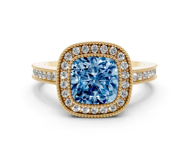Cushion Cut Milgrain Halo Engagement Ring Setting for a Fancy Blue Lab-Grown Diamond | Yellow Gold