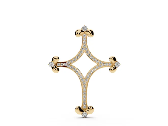 Round Lab-Grown Diamond Pavé Open Cross Pendant Necklace | Fleur-de-Lis Tips | Yellow Gold