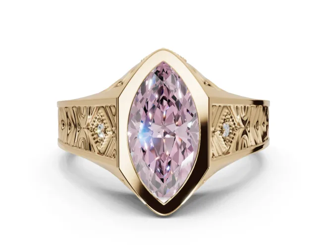 Marquise Vintage Bezel Engagement Ring Setting for a Fancy Pink Lab-Grown Diamond | Engraved Band | Yellow Gold