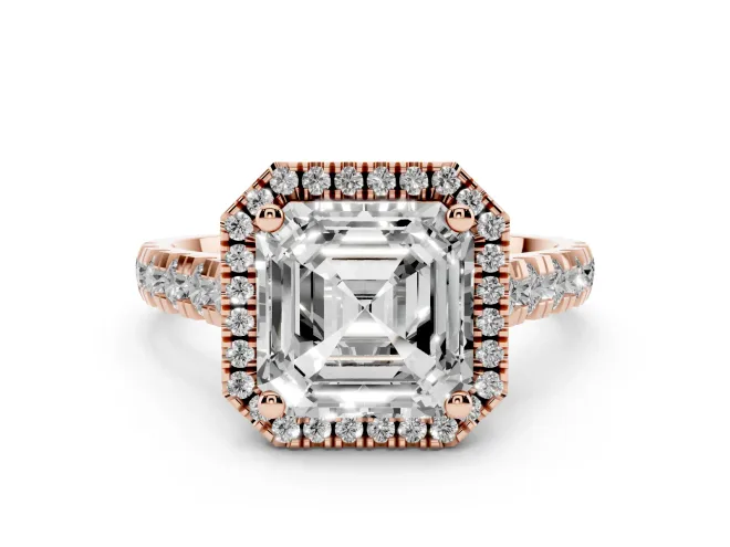 Asscher Cut Diamond Halo Engagement Ring Set in Rose gold with Pavé Band and Prong-Set Center