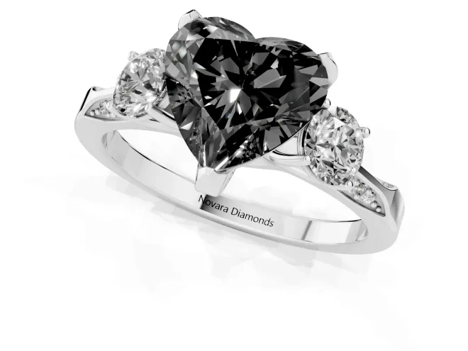 Fancy Black Heart Cut Diamond Three-Stone Ring Set in Silver with Pavé Band and Smaller Side Stones – second view