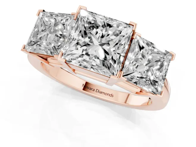 Princess Cut Diamond Three-Stone Ring Set in Rose gold with Channel-Set Band and Prong Settings – second view
