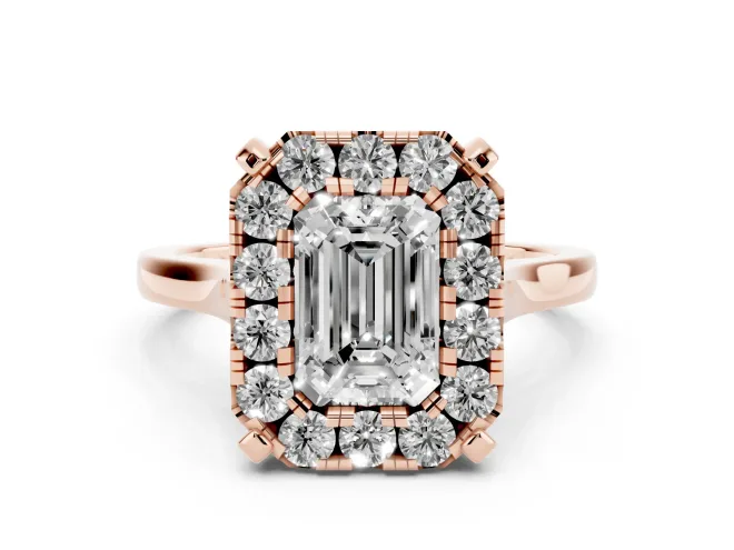 Emerald Cut Diamond Cluster Halo Solitaire Ring Set in Rose gold with Prong Setting