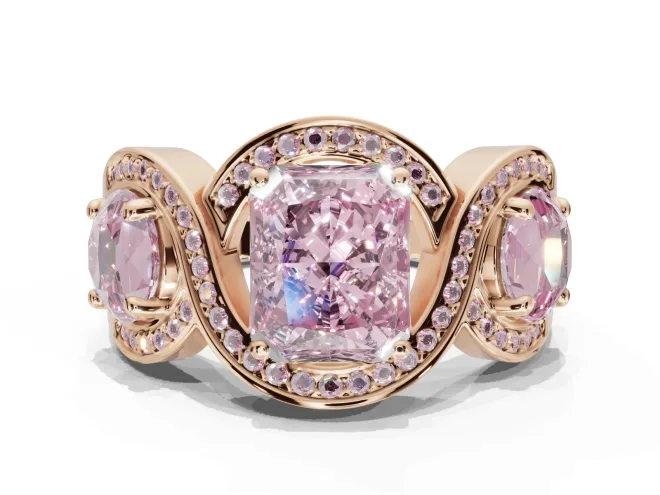 Radiant Cut Three Stone Halo Engagement Ring Setting for a Fancy Pink Lab-Grown Diamond | Pavé Wave Band | Rose Gold
