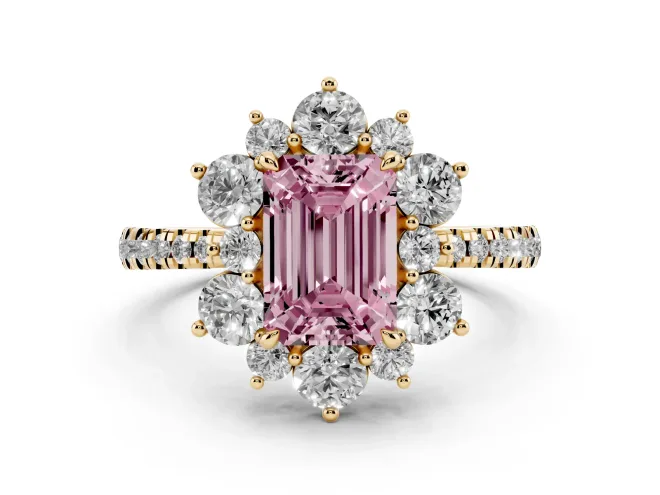 Fancy Pink Emerald Cut Diamond Floral Halo Ring Set in Yellow gold with Round Pavé Band and Prong Setting