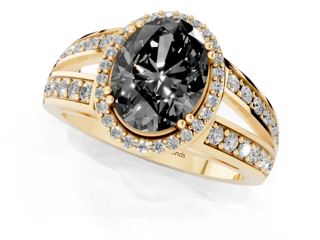 Fancy Black Oval Cut Diamond Halo Ring Set in Yellow gold with Double Pavé Split Shank – second view