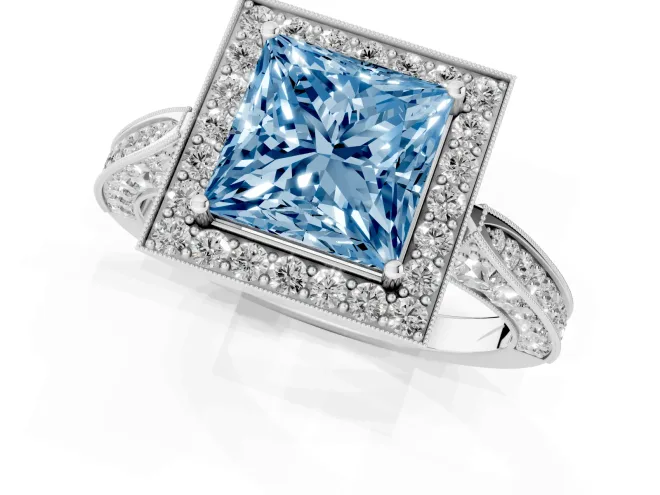 Fancy Blue Princess Cut Diamond Halo Engagement Ring Set in Platinum with Accent Split Shank Band – second view