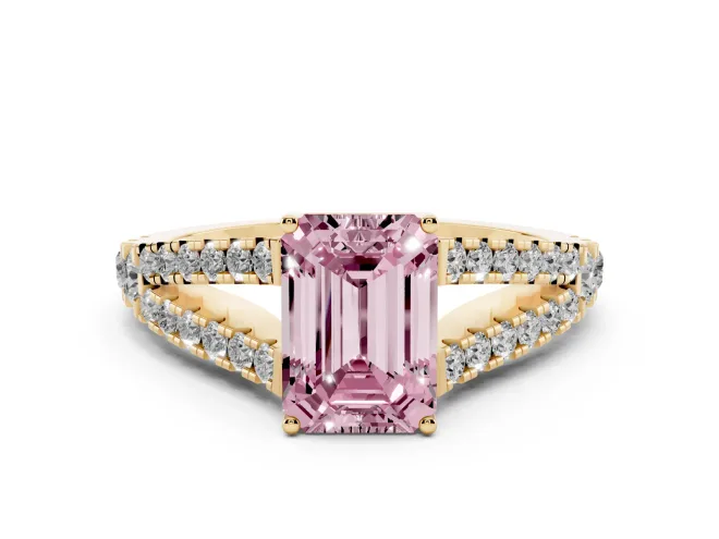 Fancy Pink Emerald Cut Diamond Split Shank Pavé Engagement Ring Set in Yellow gold with Prong-Held Center Stone