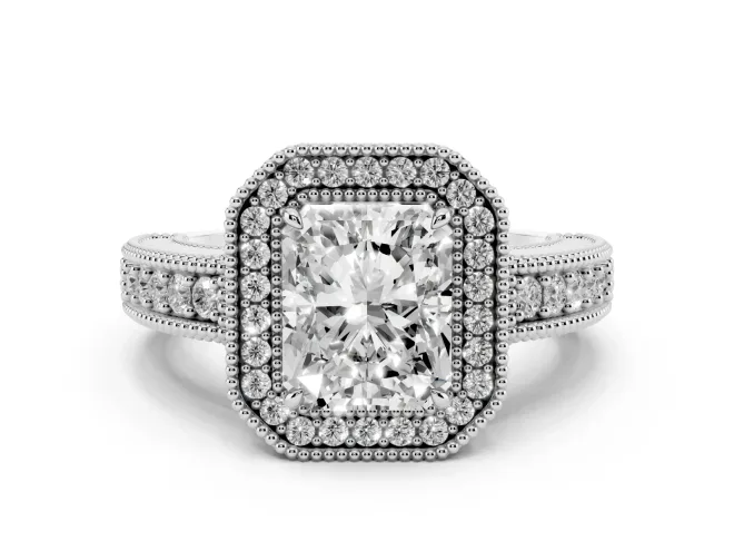 Radiant Cut Diamond Halo Ring Set in White gold with Round Accent Halo, Pavé Band and Prong Setting