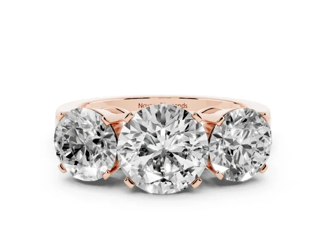 Round Cut Diamond Three-Stone Ring Set in Rose gold with Channel-Set Band and Prong Settings