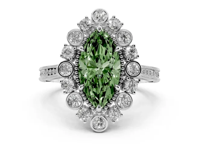 Marquise Scalloped Halo Engagement Ring Setting for a Fancy Green Lab-Grown Diamond | Milgrain Edges | Sterling Silver