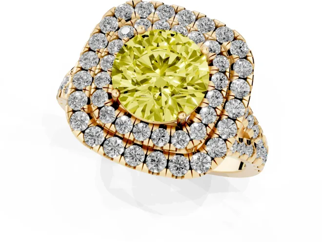 Fancy Yellow Round Cut Diamond Double Halo Ring Set in Yellow gold with Pavé Split Shank and Prong Setting – second view