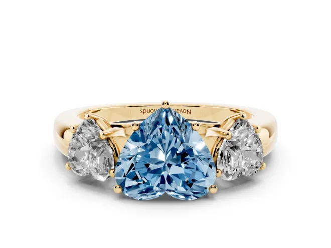 Heart-Shaped Three Stone Engagement Ring Setting for a Fancy Blue Lab-Grown Diamond | Matching Side Stones | Yellow Gold