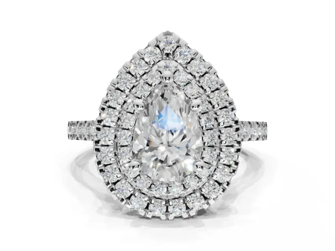 Pear-Shaped Double Halo Engagement Ring Setting | Pavé Shoulders | White Gold