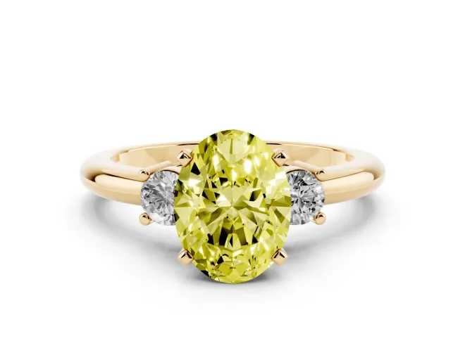 Oval Three Stone Engagement Ring Setting for a Fancy Yellow Lab-Grown Diamond | Round Side Stones | Yellow Gold