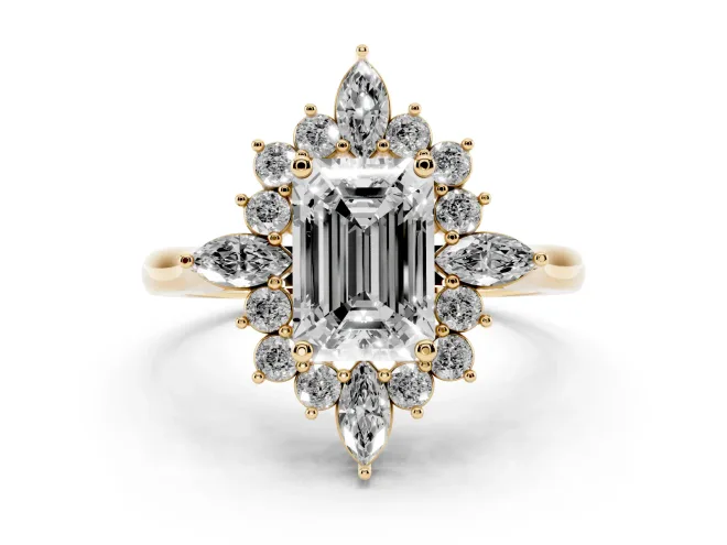 Emerald Cut Cluster Halo Engagement Ring Setting | Yellow Gold