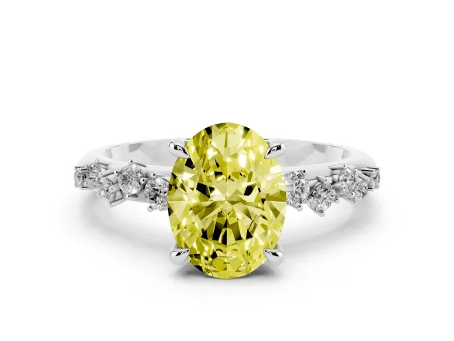 Fancy Yellow Oval Cut Diamond Solitaire Vine Band Ring Set in Silver with Round Accents and Prong Setting