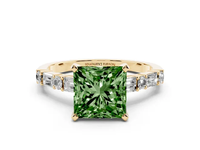 Princess Cut Baguette Side Stone Engagement Ring Setting for a Fancy Green Lab-Grown Diamond | Yellow Gold