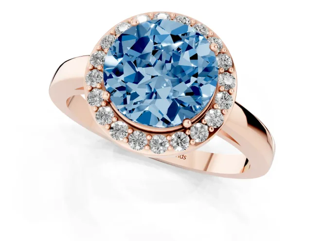 Fancy Blue Round Cut Diamond Halo Ring Set in Rose gold with Solitaire Band and Prong Setting – second view