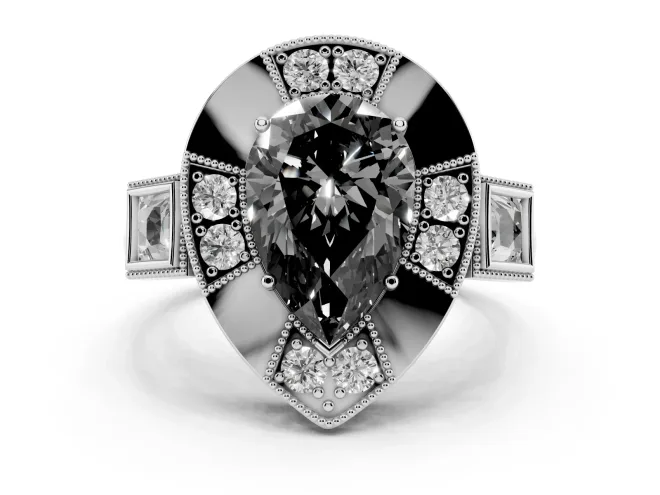 Fancy Black Pear Cut Diamond Milgrain Halo Ring Set in White gold with Split Shank