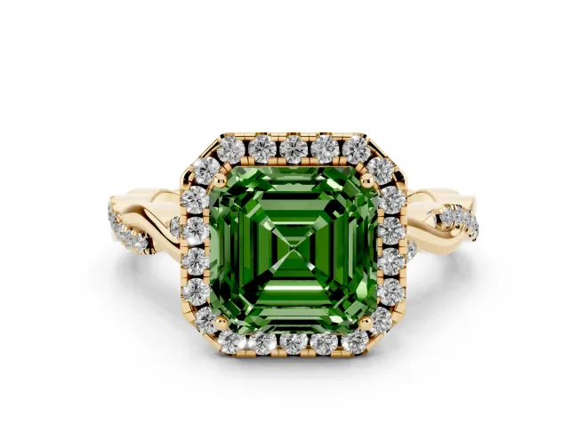 Asscher Cut Twist Halo Engagement Ring Setting for a Fancy Green Lab-Grown Diamond | Yellow Gold