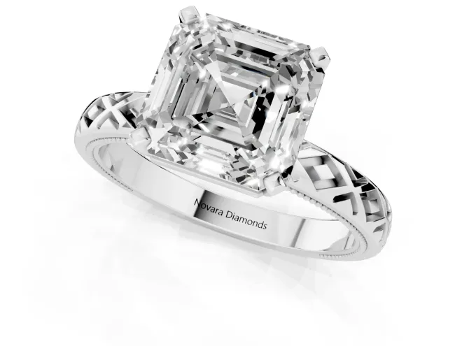 Asscher Cut Diamond Solitaire Ring Set in White gold with Milgrain and Black Enamel X Pattern Band – second view